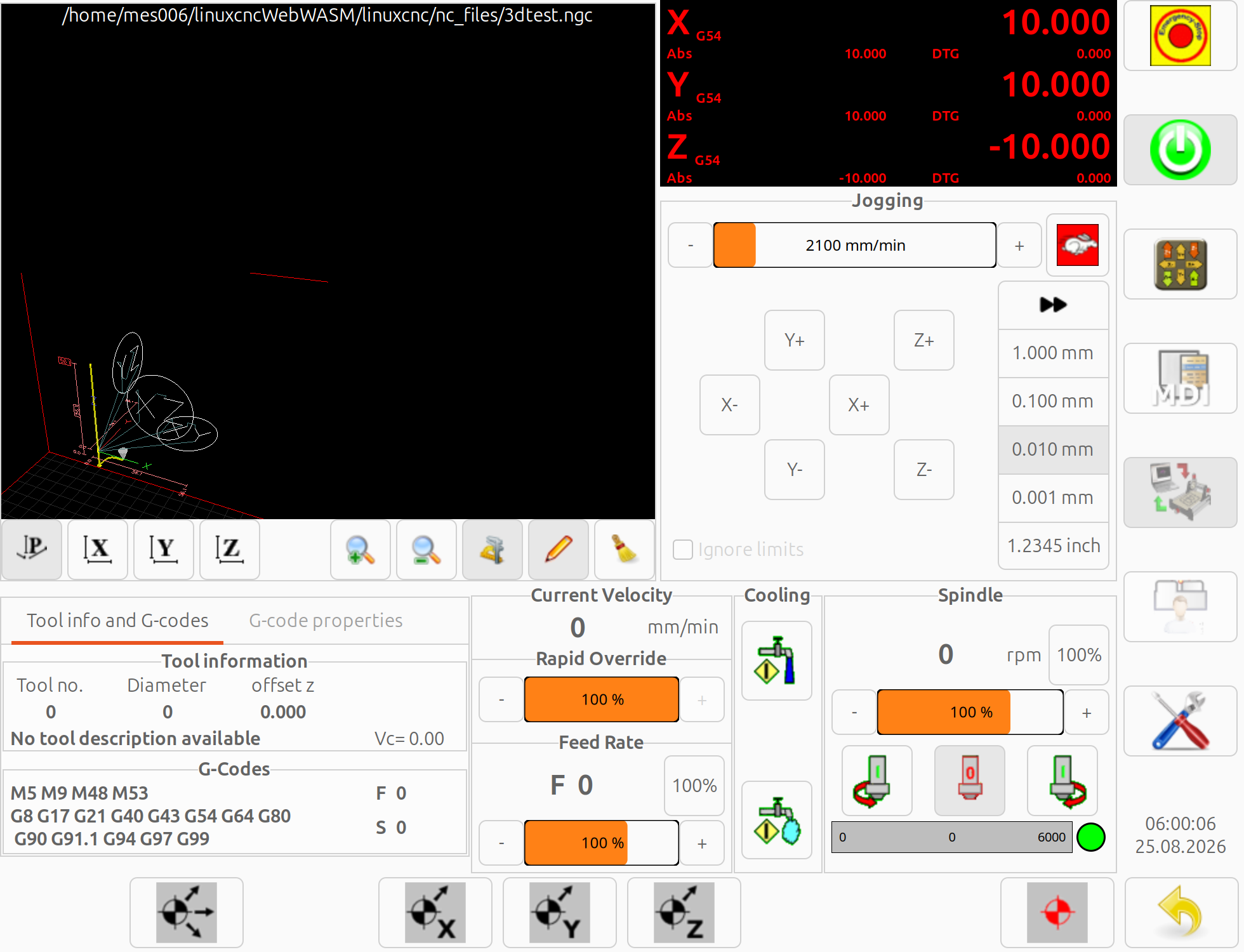 3dtest.ngc 已加载并显示刀具轨迹